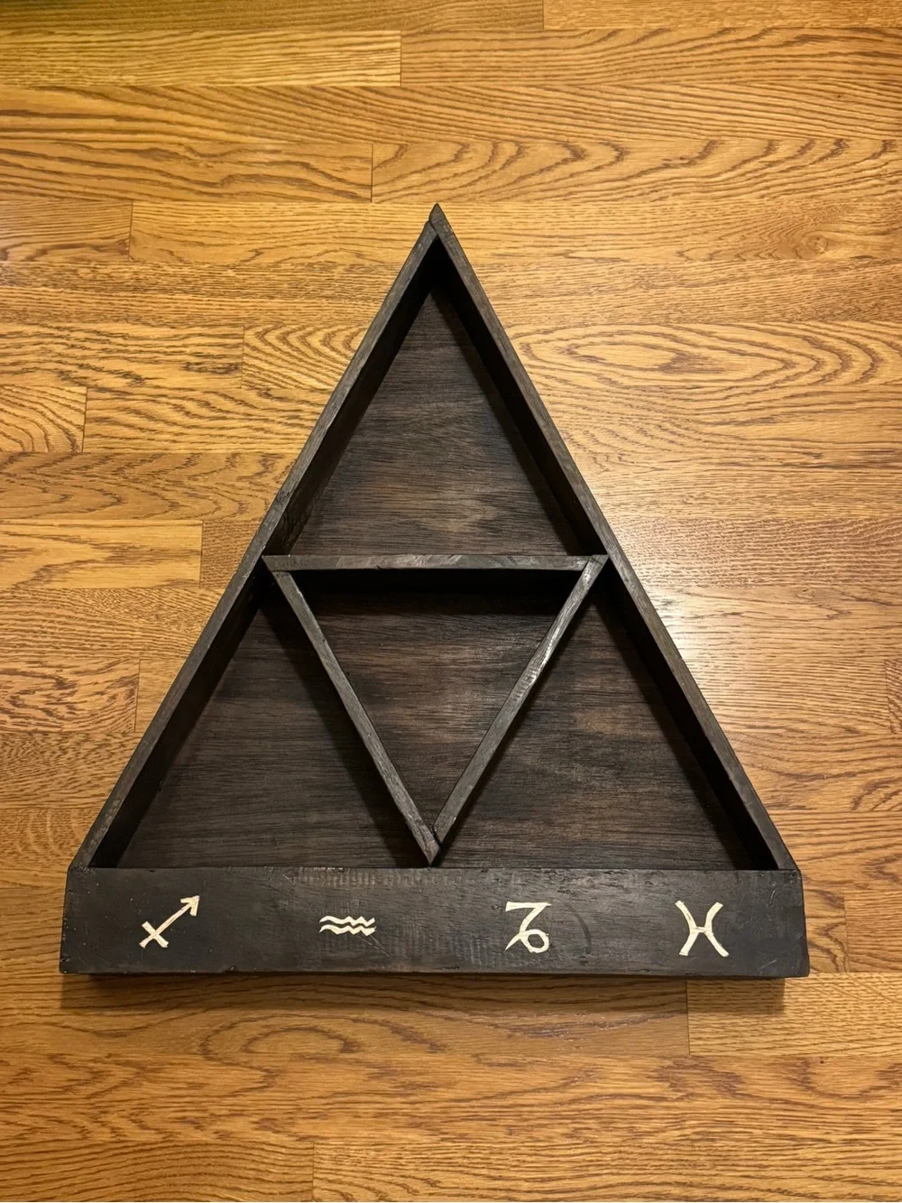 Large Black Woden Pyramid Hanging Shelf with Zodiac Symbols - Earthbound